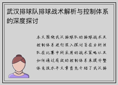 武汉排球队排球战术解析与控制体系的深度探讨