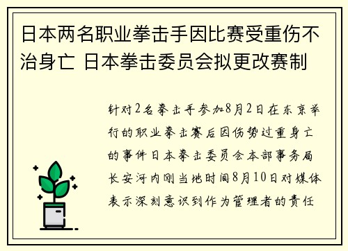 日本两名职业拳击手因比赛受重伤不治身亡 日本拳击委员会拟更改赛制